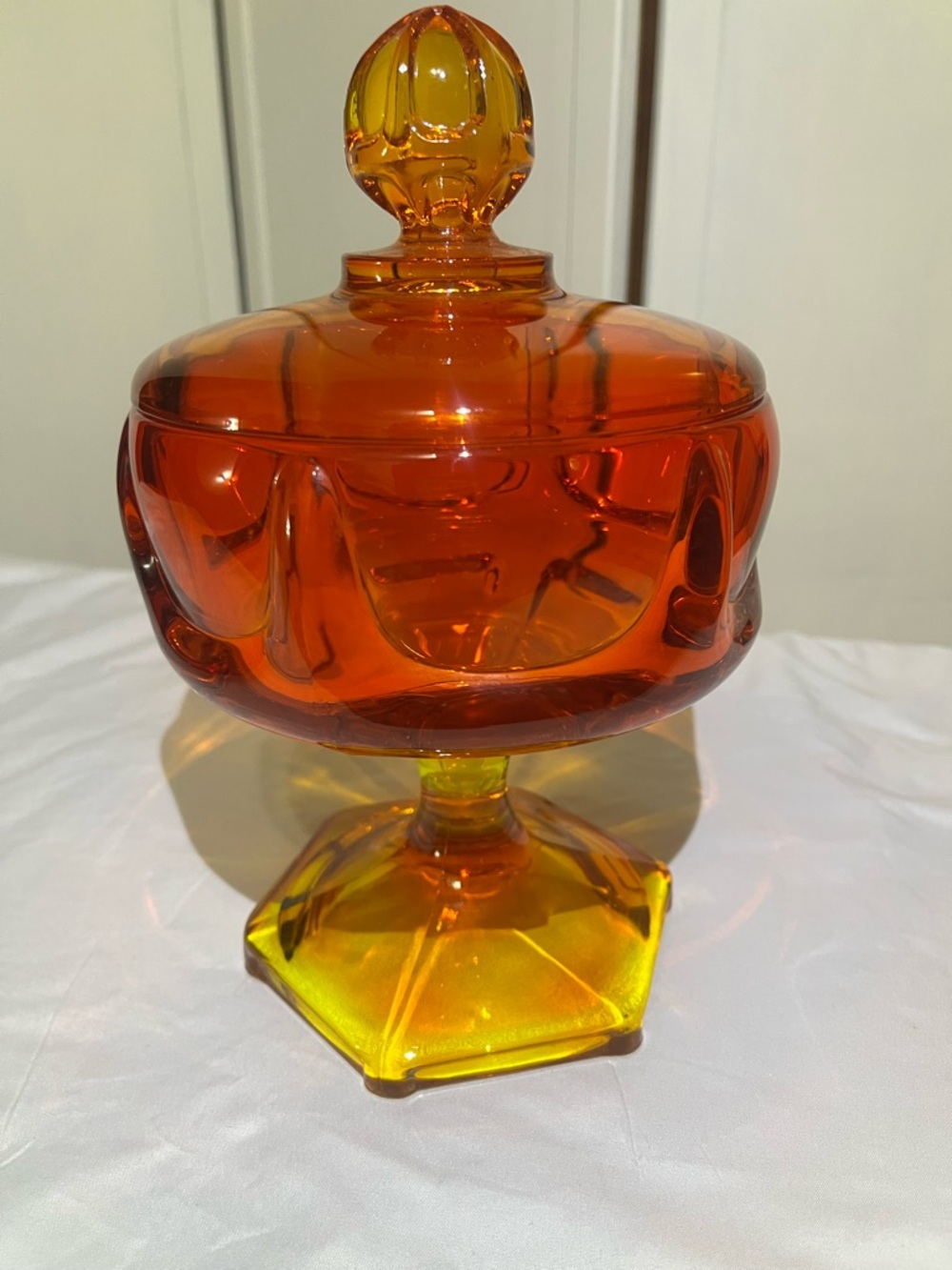 Vintage Viking Persimmon / Amberina Glass Covered Candy Dish